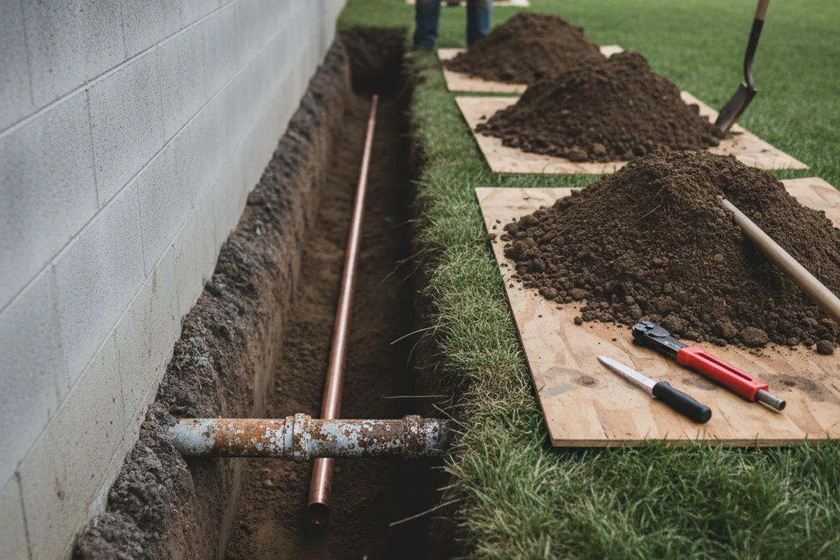 Excavated water line trench during Sewer Line Repair in Drifton